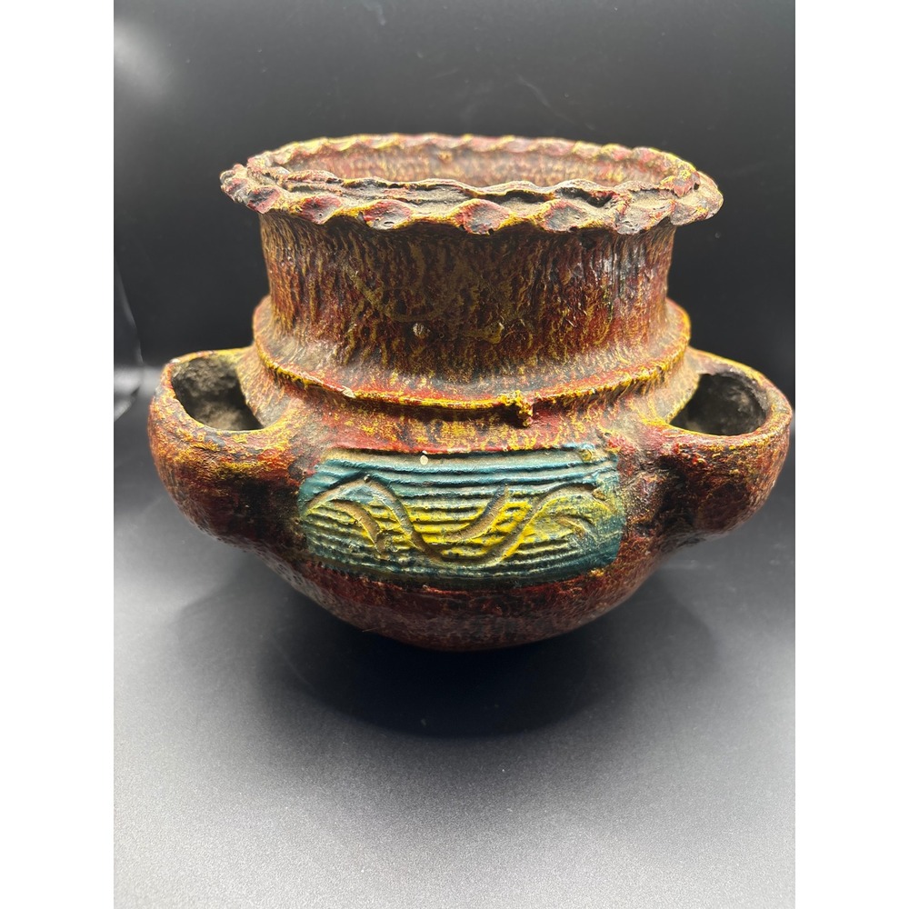 Vintage Mexico Folk Art Cartoneria  Multi Color Rustic Decor Faux Terracotta Pot
